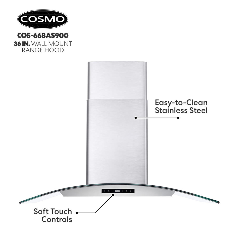 Cosmo 36 in. 380 CFM Ductless Wall Mount Range Hood with Tempered Glass Visor, LCD Display, Permanent Filters and LED Lighting