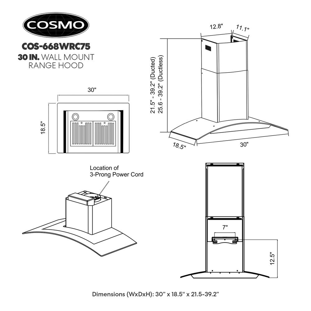 Cosmo 30-in Ductless Stainless Steel Wall-Mounted Range Hood