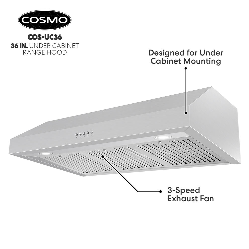 Cosmo 36 in. 380 CFM Ducted Under Cabinet Range Hood with Push Button Control Panel, Permanent Filters and LED Lighting