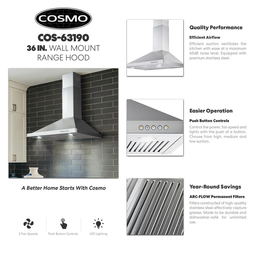 Cosmo 36 in. 380 CFM Ductless Wall Mount Range Hood, Push Button Control Panel, Permanent Filters and LED Lighting