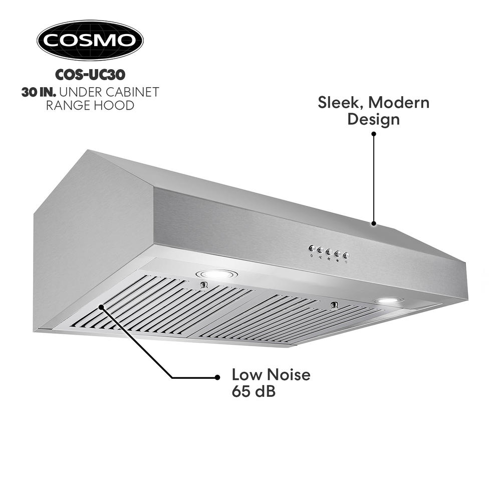 Cosmo 30 in. 380 CFM Ducted Under Cabinet Range Hood with Push Button Control Panel, Permanent Filters and LED Lighting