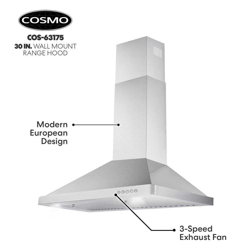 Cosmo 30-in 380 CFM Ductless Stainless Steel Wall-Mounted Range Hood with Charcoal Filter