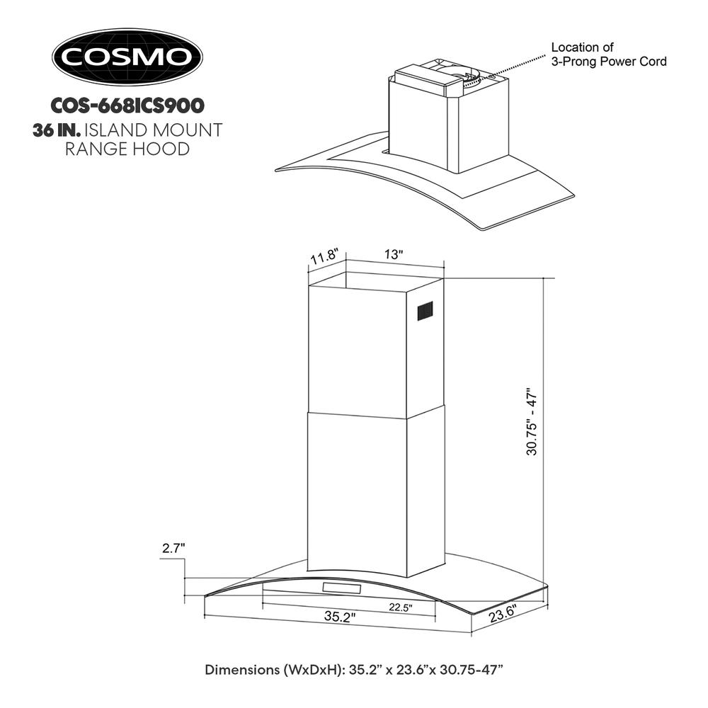 Cosmo 36 in. 380 CFM Ducted Island Range Hood with with Tempered Glass, LCD Display, Permanent Filters & LED Lighting