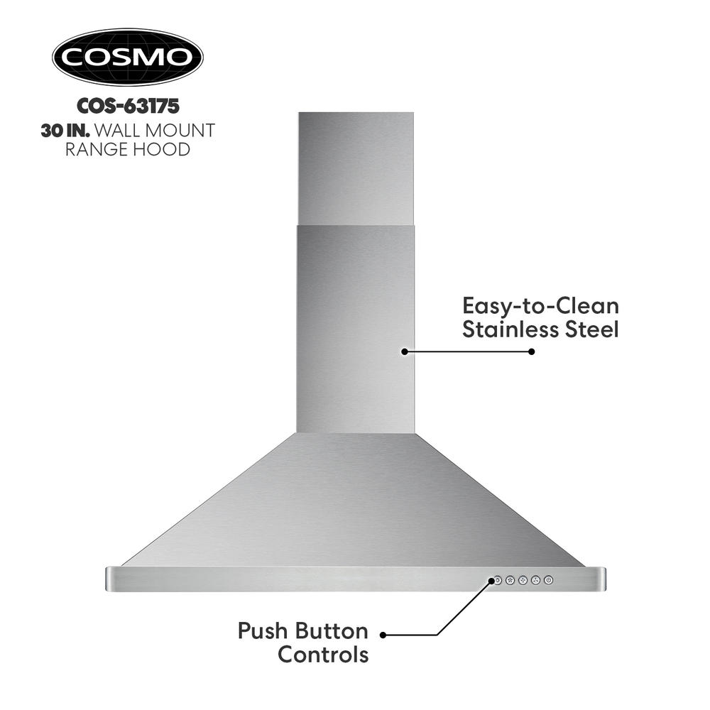 Cosmo 30 in. 380 CFM Ducted Wall Mount Range Hood, Push Button Control Panel, Permanent Filters and LED Lighting