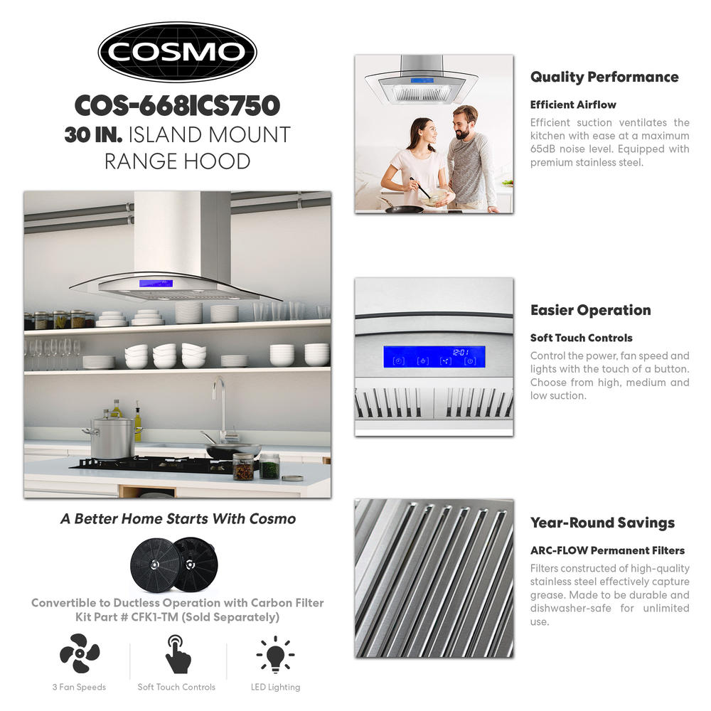 Cosmo 30 in. 380 CFM Ductless Island Range Hood with Tempered Glass Visor, LCD Display Panel, Permanent Filters and LED Lighting
