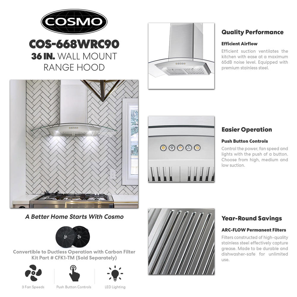 Cosmo 36 in. Ductless Wall Mount Range Hood in Stainless Steel with Push Button Controls, LED Lighting and Carbon Filter Kit