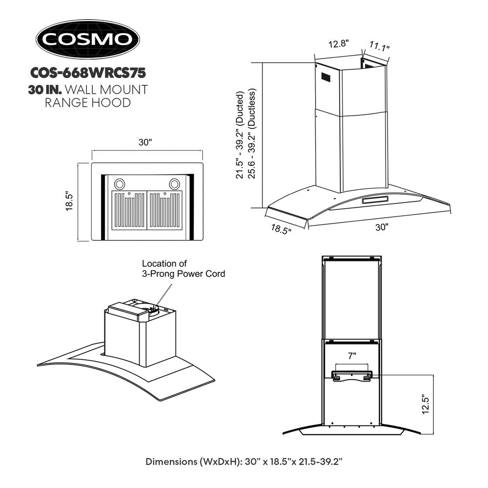 Cosmo 30 in. 380 CFM Ductless Wall Mount Range Hood in Stainless Steel with Touch Controls, LED Lighting and Permanent Filters