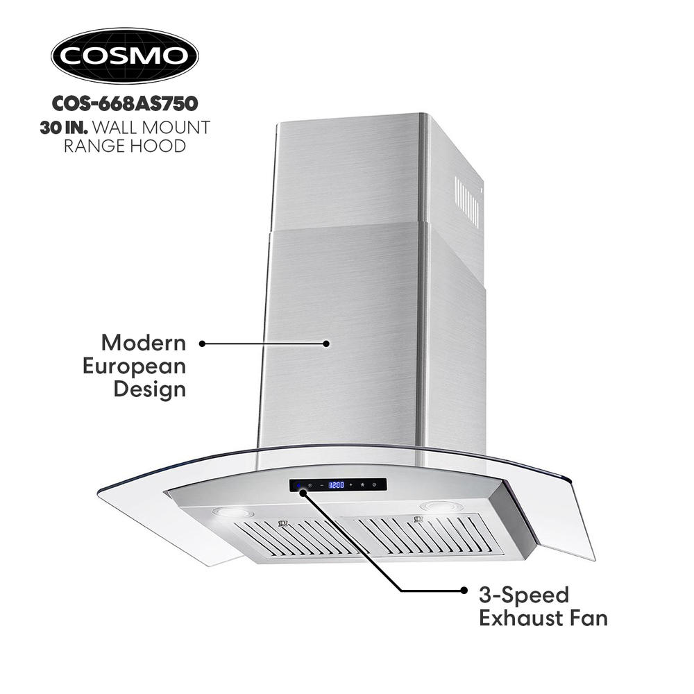 Cosmo 30 in. 380 CFM Ductless Wall Mount Range Hood with Tempered Glass Visor, LCD Display, Permanent Filters and LED Lighting