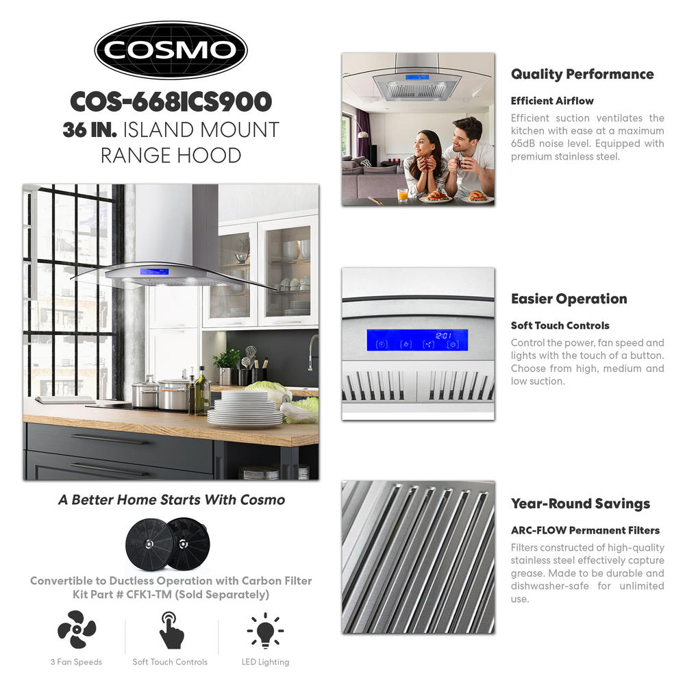 Cosmo 36 in. 380 CFM Ductless Island Range Hood with with Tempered Glass, LCD Display, Permanent Filters & LED Lighting