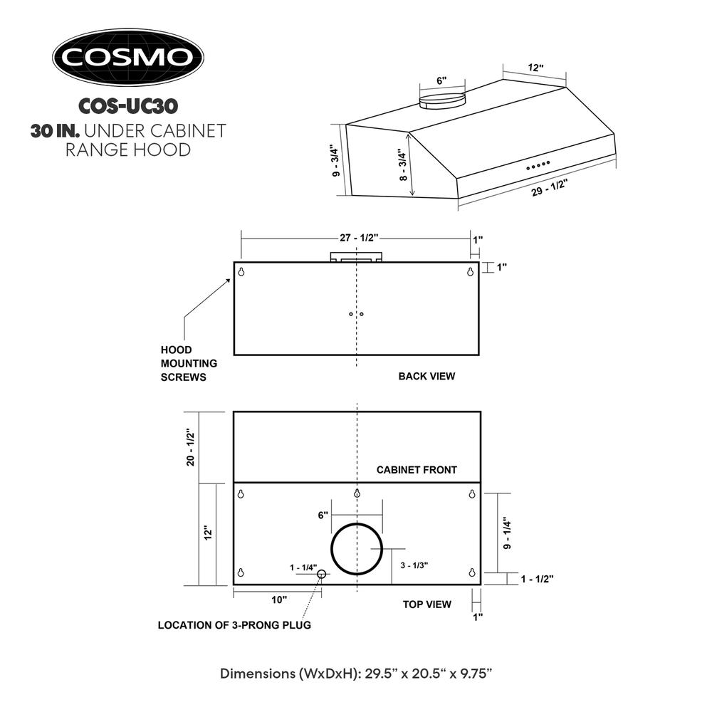 Cosmo 30 in. 380 CFM Ductless Under Cabinet Range Hood with Push Button Control Panel, Permanent Filters and LED Lighting