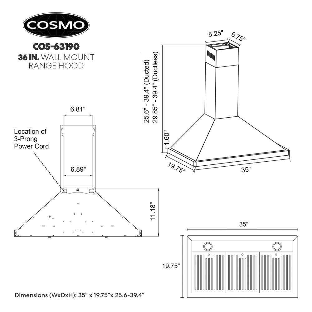 Cosmo 36 in. 380 CFM Ducted Wall Mount Range Hood, Push Button Control Panel, Permanent Filters and LED Lighting