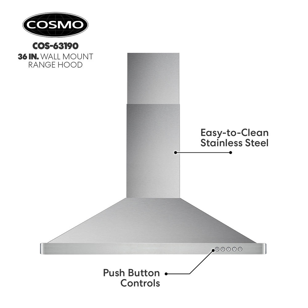 Cosmo 36 in. 380 CFM Ducted Wall Mount Range Hood, Push Button Control Panel, Permanent Filters and LED Lighting