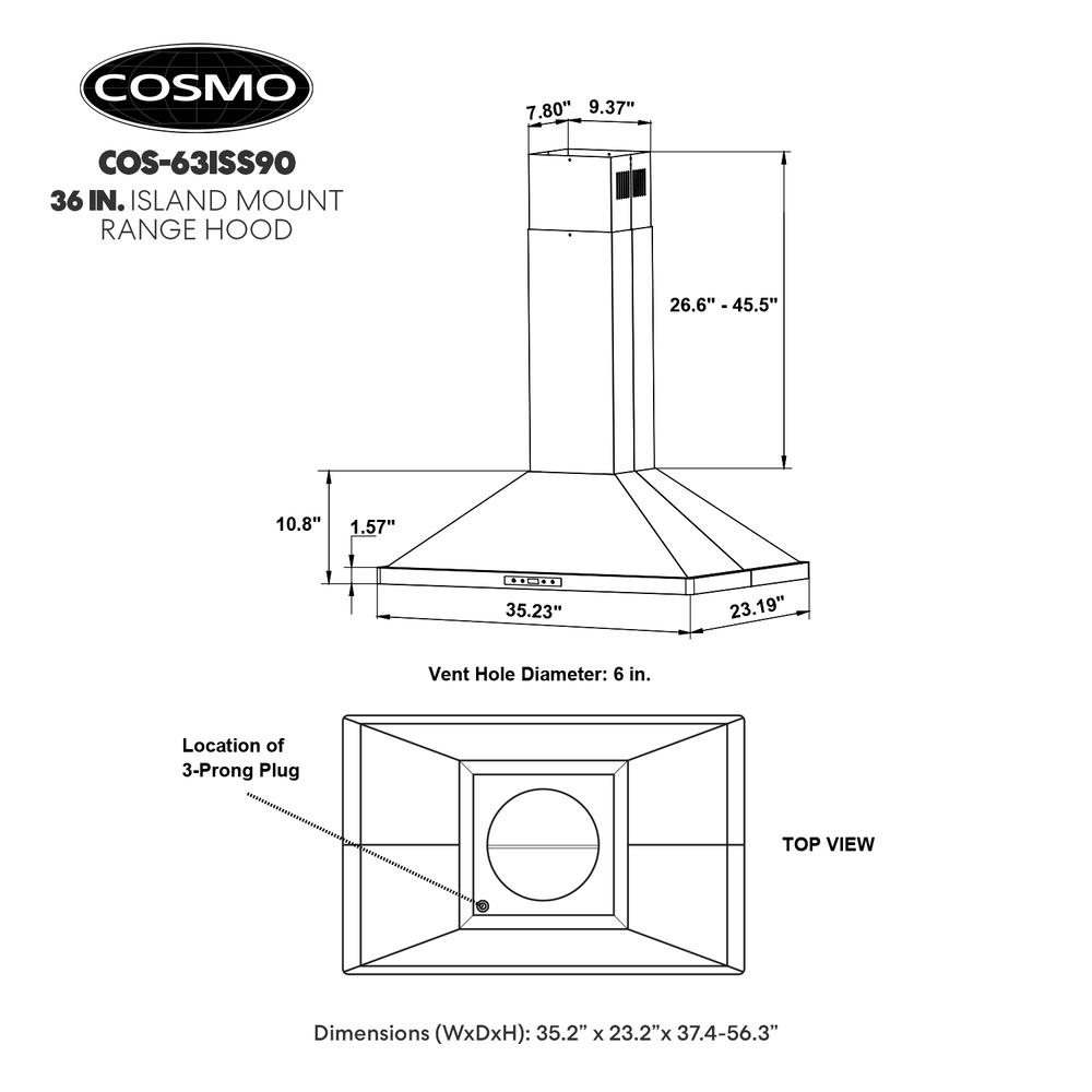 Cosmo 36-in Ducted Stainless Steel Island Range Hood with LED Lighting and LCD Touch Display