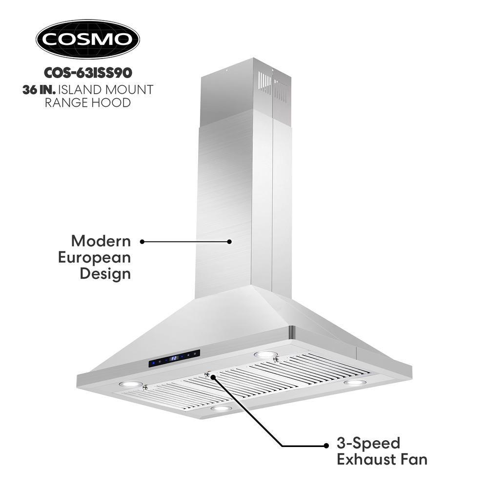 Cosmo 36in Ducted Stainless Steel Island Range Hood with LED Lighting and LCD Touch Display