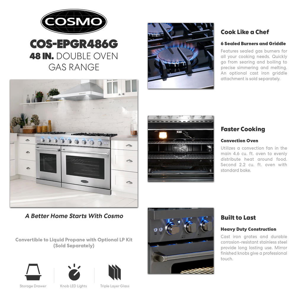 Cosmo 48 in. 6.8 cu. ft. Double Oven Commercial Gas Range with Fan Assist Convection Oven in Stainless Steel Storage Drawer