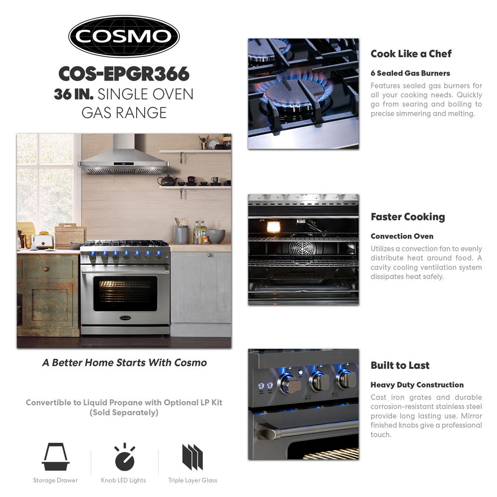 Cosmo 36 in. 6.0 cu. ft. Commercial Gas Range with Convection Oven in Stainless Steel with Storage Drawer