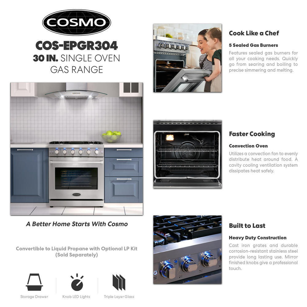 Cosmo 30 in. 4.5 cu. ft. Commercial Gas Range with Convection Oven in Stainless Steel with Storage Drawer