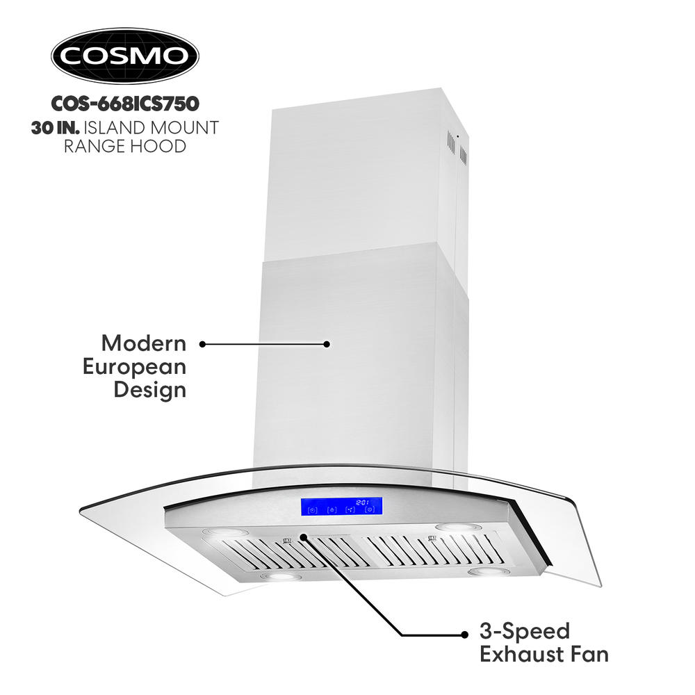 Cosmo 30 in. 380 CFM Ducted Island Range Hood with Tempered Glass Visor, LCD Display Panel, Permanent Filters and LED Lighting