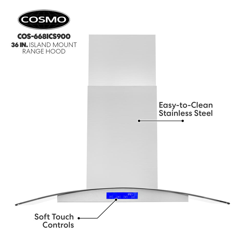 Cosmo 36 in. 380 CFM Ducted Island Range Hood with with Tempered Glass, LCD Display, Permanent Filters & LED Lighting