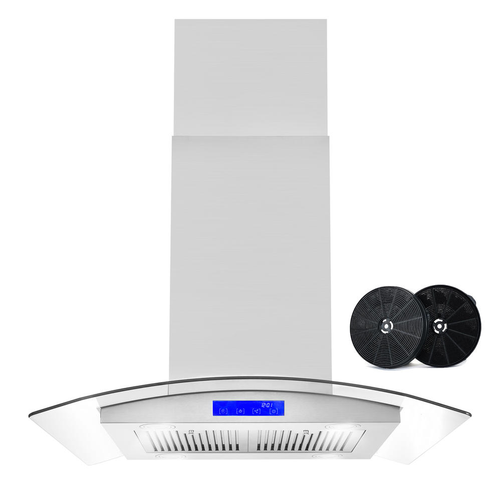 Cosmo 30 in. 380 CFM Ductless Island Range Hood with Tempered Glass Visor, LCD Display Panel, Permanent Filters and LED Lighting