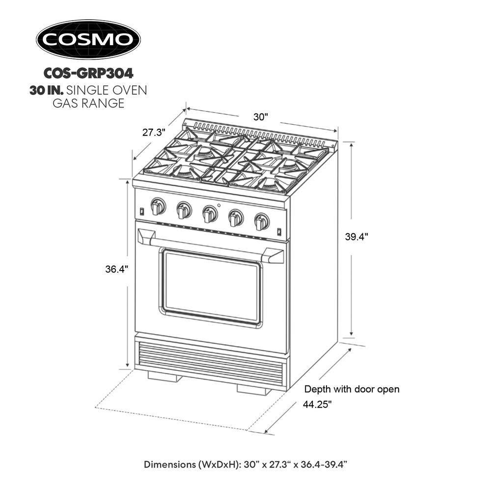 Cosmo Commercial-Style 30 in. 3.5 cu. ft. Gas Range with 4 Italian Burners and Heavy Duty Cast Iron Grates in Stainless Steel