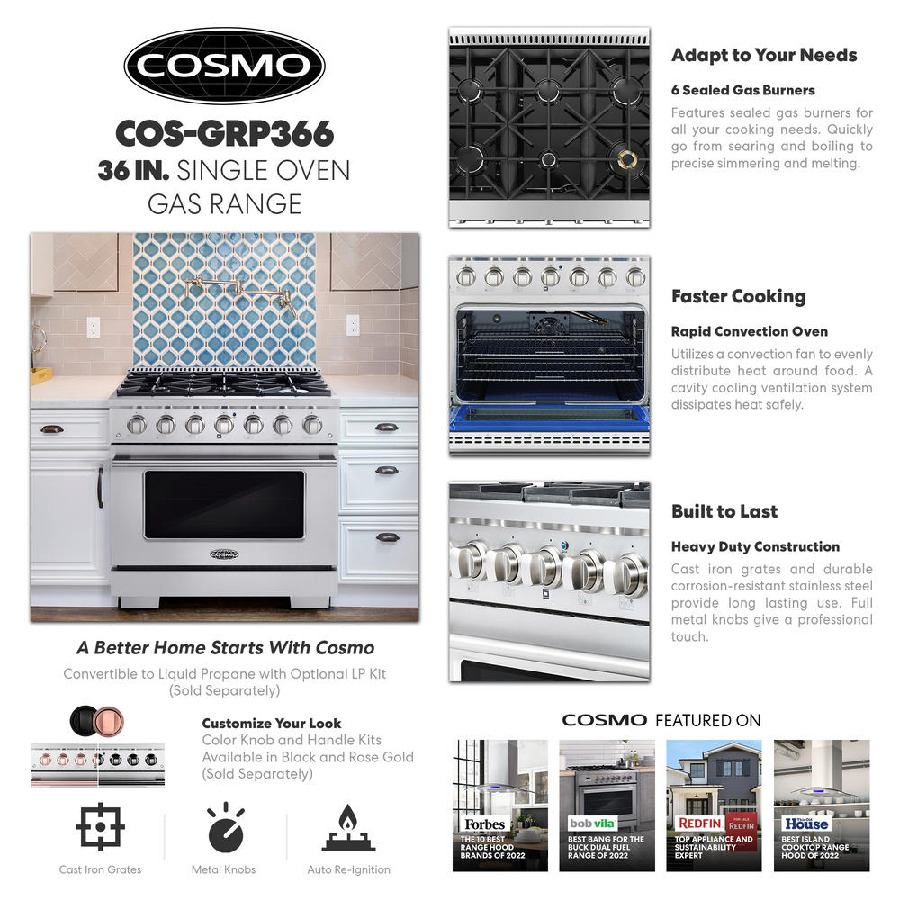 Cosmo Commercial-Style 36 in. 4.5 cu. ft. Gas Range with 6 Italian Burners and Heavy Duty Cast Iron Grates in Stainless Steel