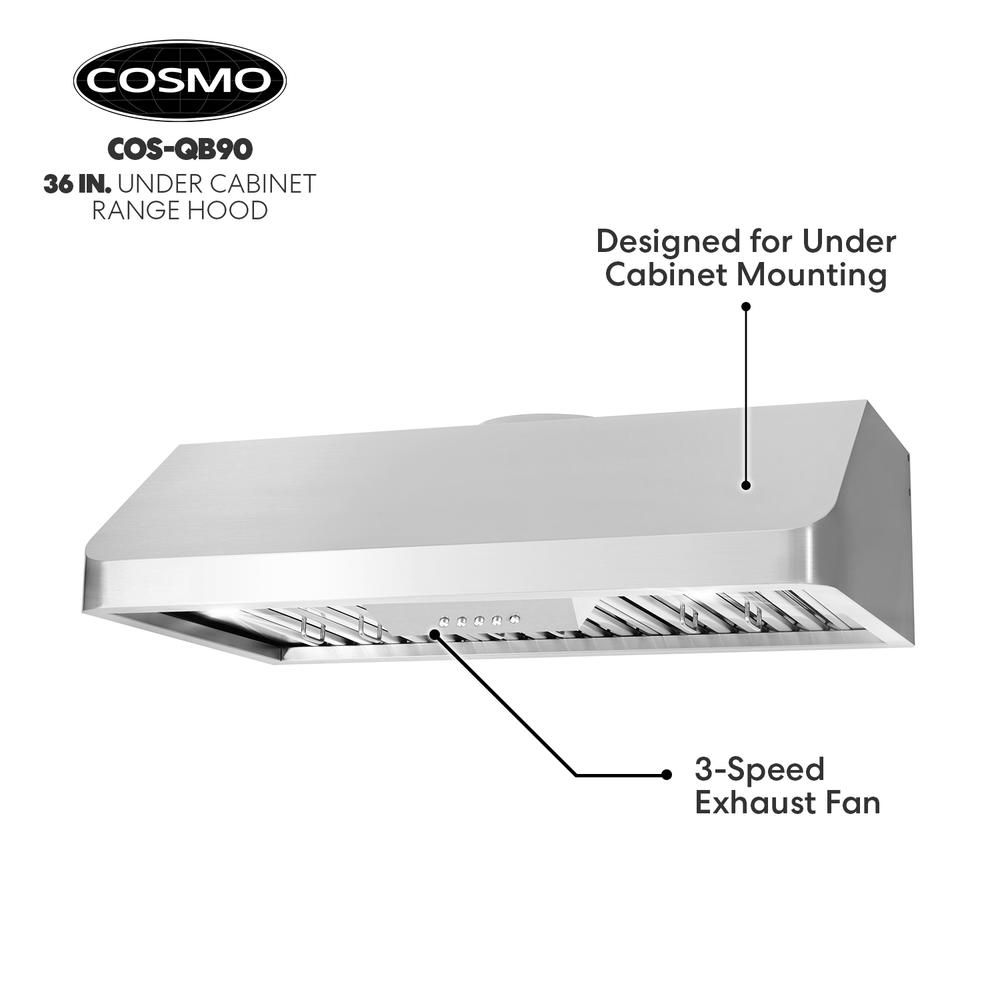 Cosmo 36 in. Ducted Under Cabinet Range Hood in Stainless Steel with Push Button Controls, LED Lighting and Permanent Filters