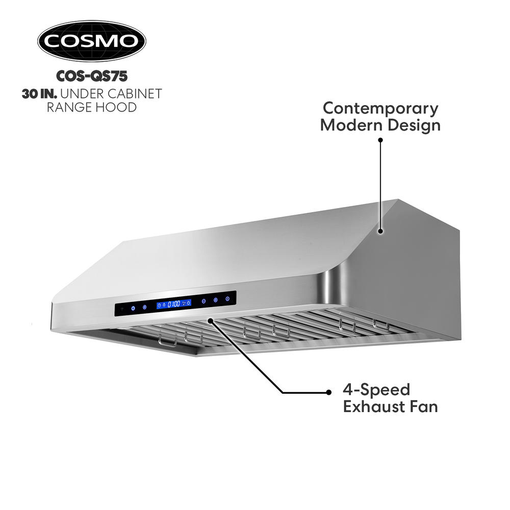 Cosmo 30 in. 500 CFM Ducted Under Cabinet Range Hood with LCD Display, Permanent Filters and LED Lighting