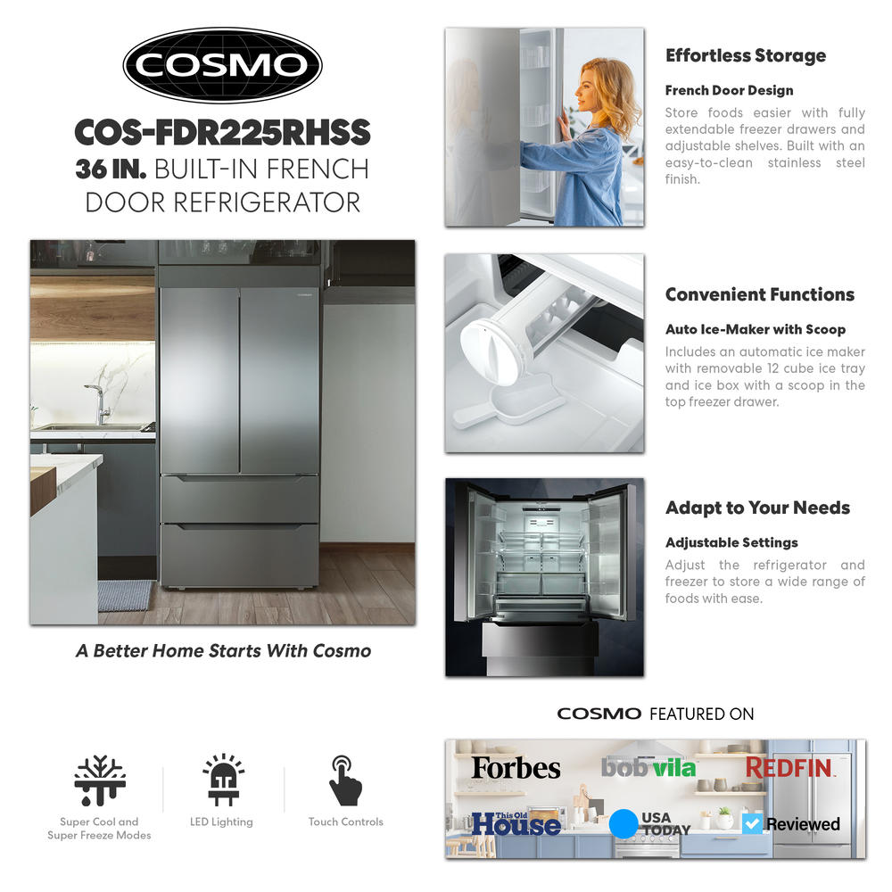 Cosmo 22.5 cu. ft. 4-Door French Door Refrigerator with Recessed Handles in Stainless Steel, Counter Depth