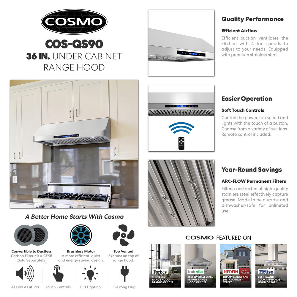 Cosmo 36 in. 500 CFM Ducted Under Cabinet Range Hood with LCD Display Touch Control Panel, Permanent Filters and LED Lighting.