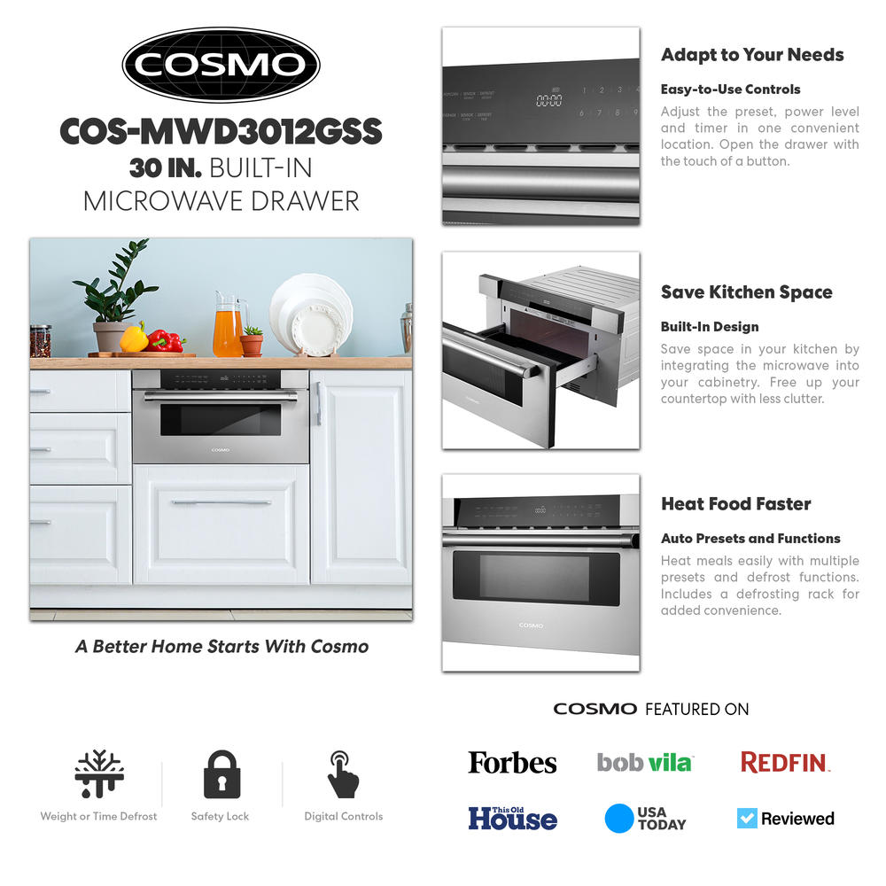 Cosmo 30 in. Built-in Microwave Drawer with Automatic Presets, Touch Controls, Defrosting Rack and 1.2 cu. ft. Capacity