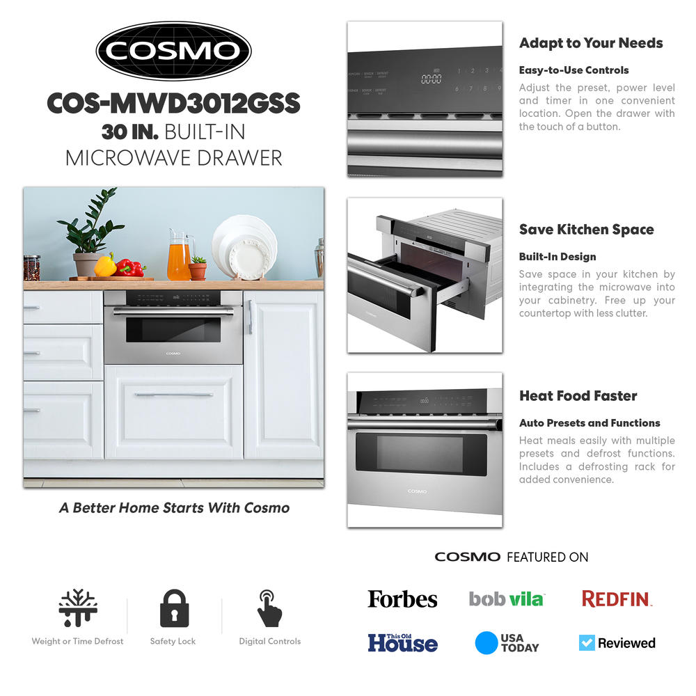 Cosmo 30 in. Builtin Microwave Drawer with Automatic Presets, Touch