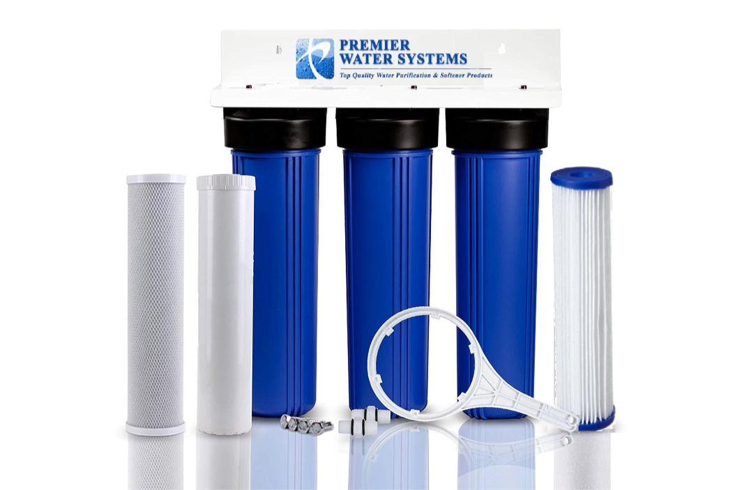 Premier Water Systems 3-Stage 20" Whole House Big Blue Well Water Filtration System 1" FPNT w/ Fluoride Removal, Sediment and KDF-85/GAC Filters