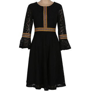 KettyMore Women Round Neck Lace Sleeves Pleated Skirt Dress