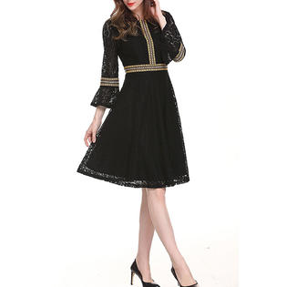 KettyMore Women Round Neck Lace Sleeves Pleated Skirt Dress
