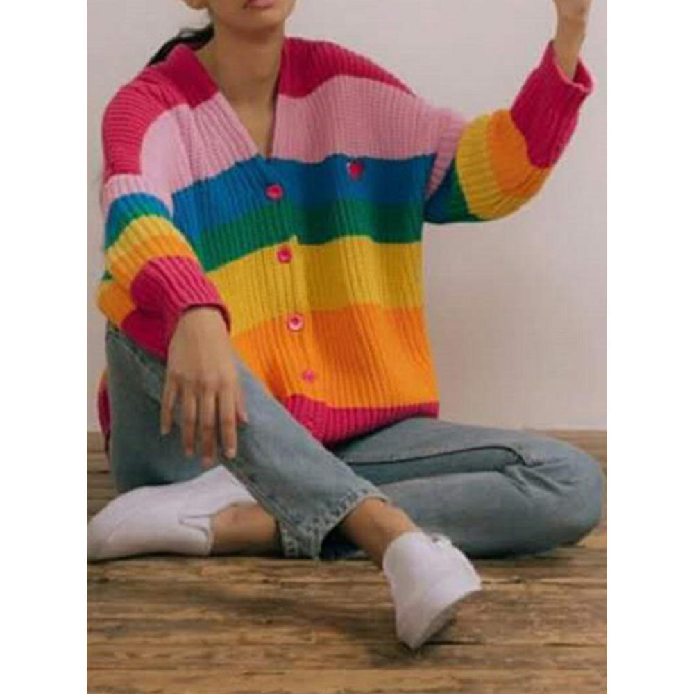 KettyMore Women Thick Striped Rainbow Cardigan