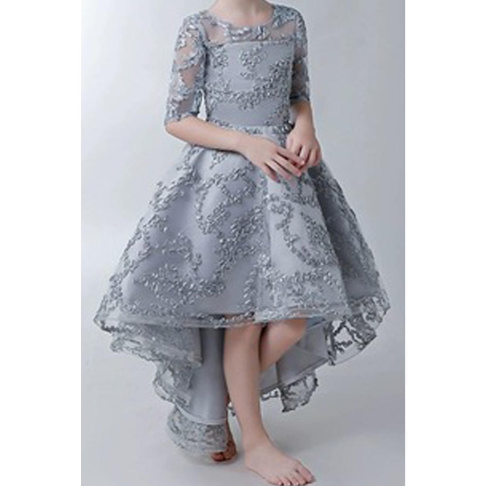 Unomatch Kid Girl Beautiful Irregular Hem Crochet Lace Wedding Dress