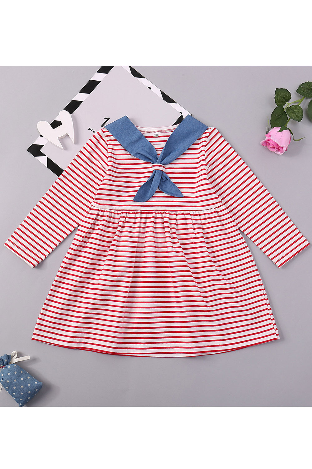 Ketty More Baby Girls Red & White Striped Long Sleeve Dress