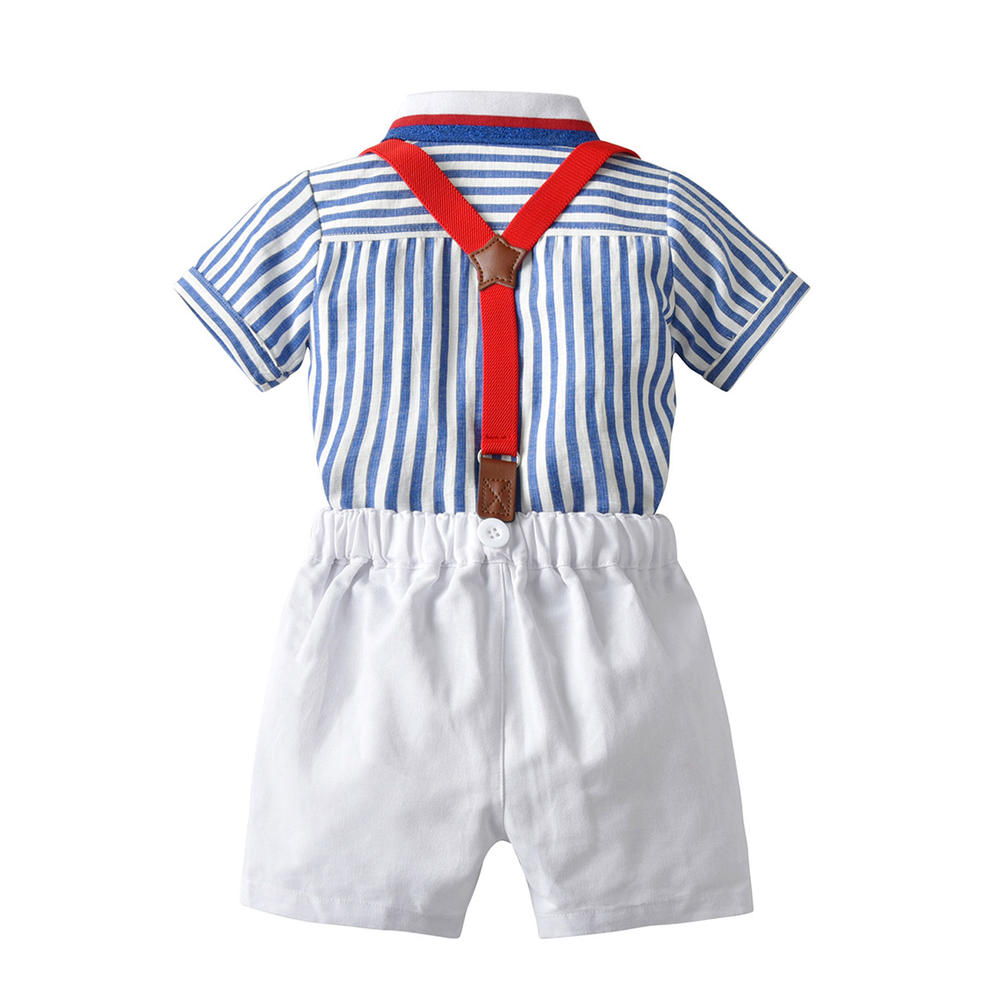 KettyMore Toddler Boys Bow Neck Striped Shirt Solid Short Summer Outfit Set