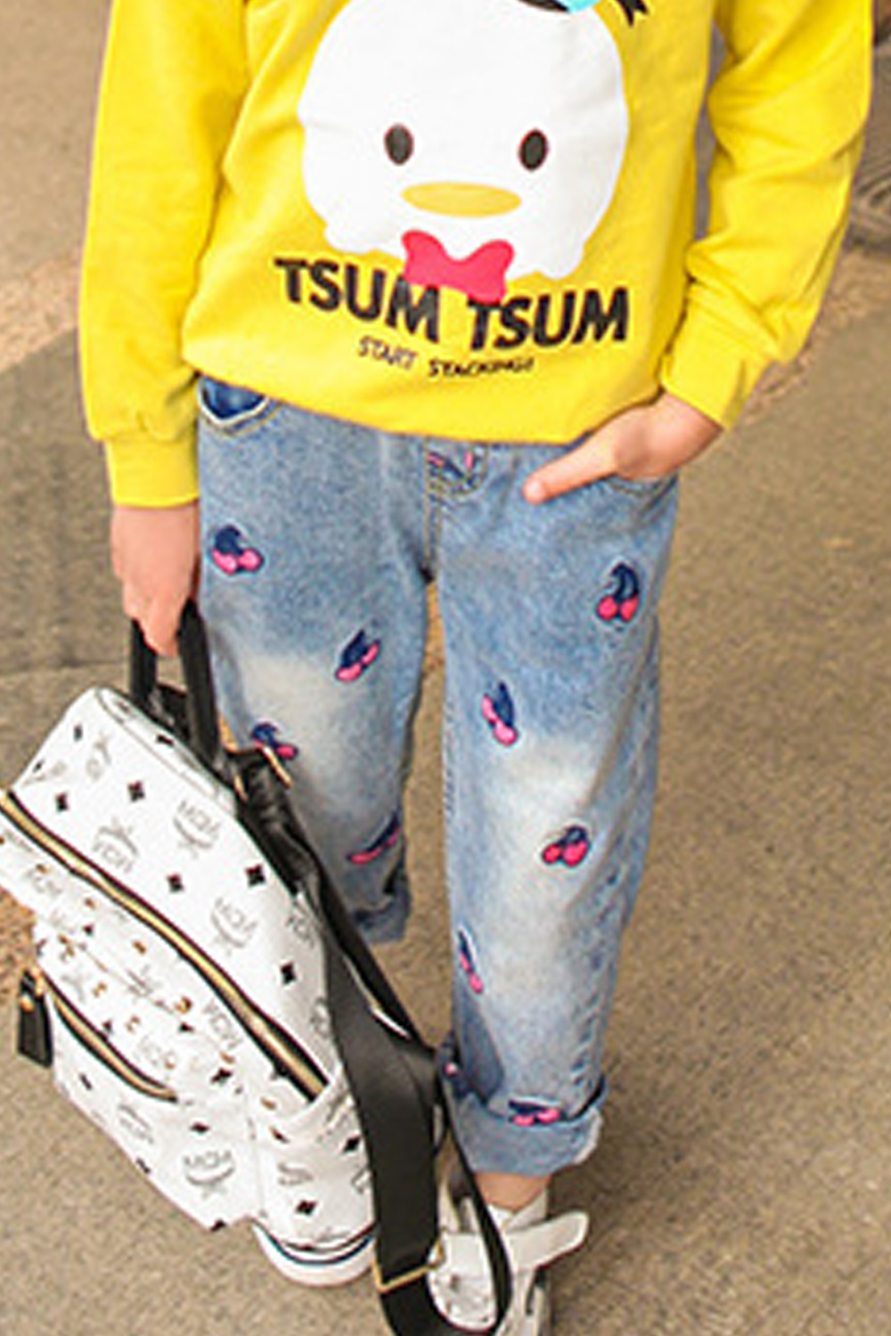 Kettymore Kids Girls Side Pockets Fashionable Cherry Embroidered Jeans
