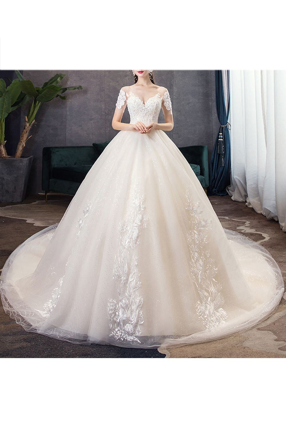 chinese dress ladies Fitted Wedding Dress Puffy Sleeves Chantilly Lace Fishtail Gown – Think  Bridal main image 0