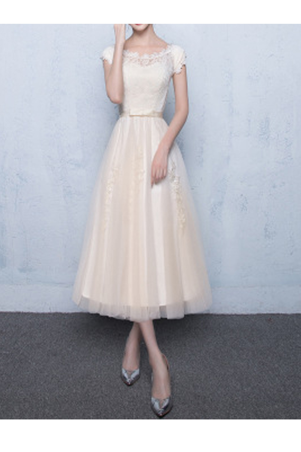 KettyMore Women Round Neck Solid Colored Breathable Cool Skirt Soft Wedding Party Dress, Beige