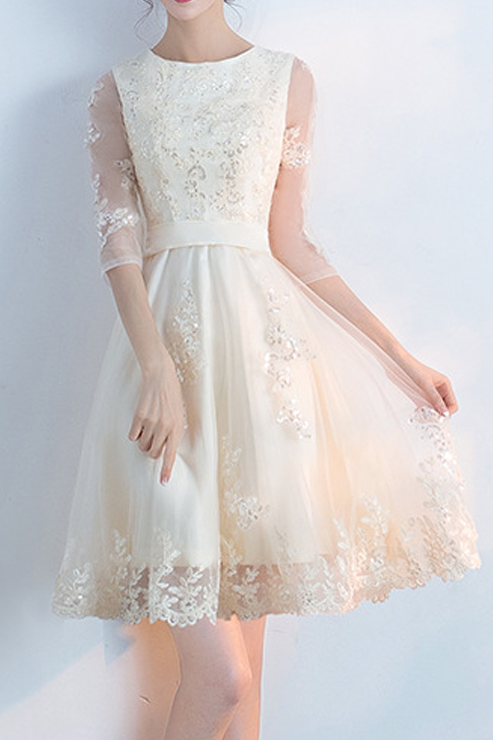 ZaraBeez Women Round Neck Breathable Half Thin Sleeve Style Comfy Wedding Party Dress, Champagne Short Length