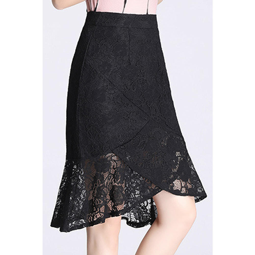 Unomatch Women Irregular Hem Lace Embroidered High Waist Summer Thin Cool Skirt