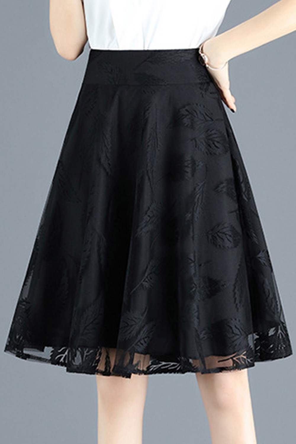 Women Elegant High Waist Solid Knee Length Zipper Casual A-Line Skirt 
