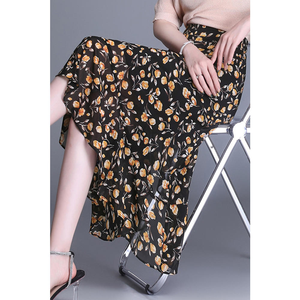 Ketty More Women Irregular Hem Floral Printed Mid Length Chiffon Skirt