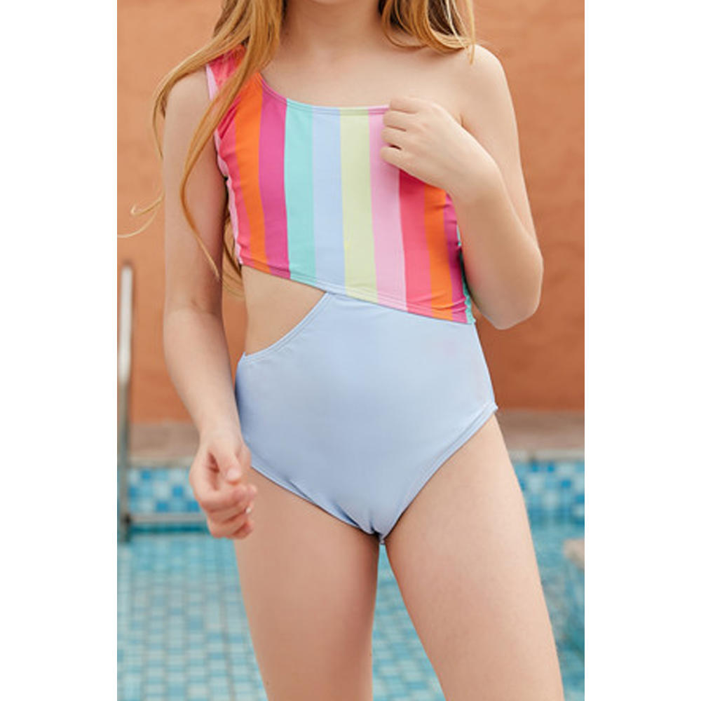 Unomatch Kids Girls One Piece One Shoulder Colorful Striped Pattern Breathable Swimwear