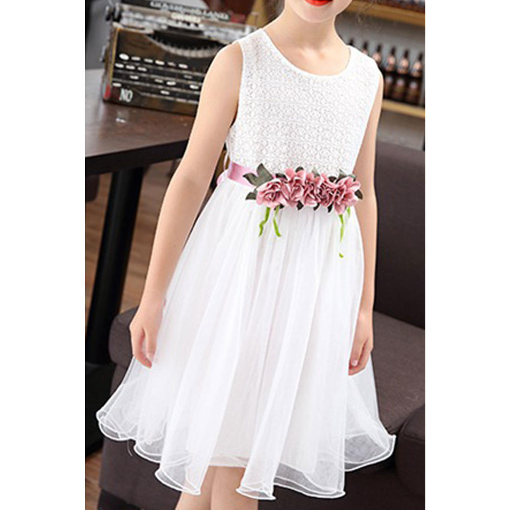 Unomatch Kids Girls Easy Round Neck Flower Decorated Sleeveless Solid Pattern Dress