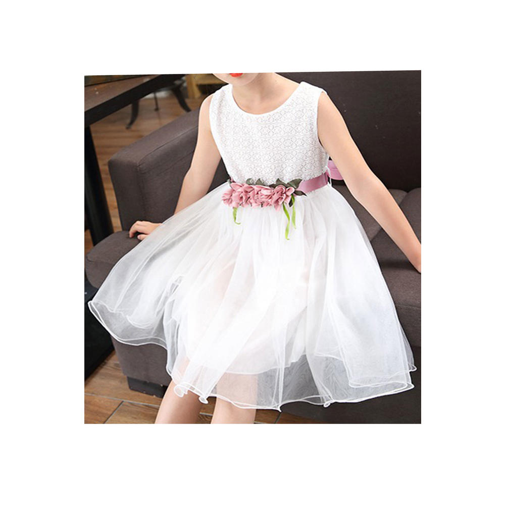 Unomatch Kids Girls Easy Round Neck Flower Decorated Sleeveless Solid Pattern Dress