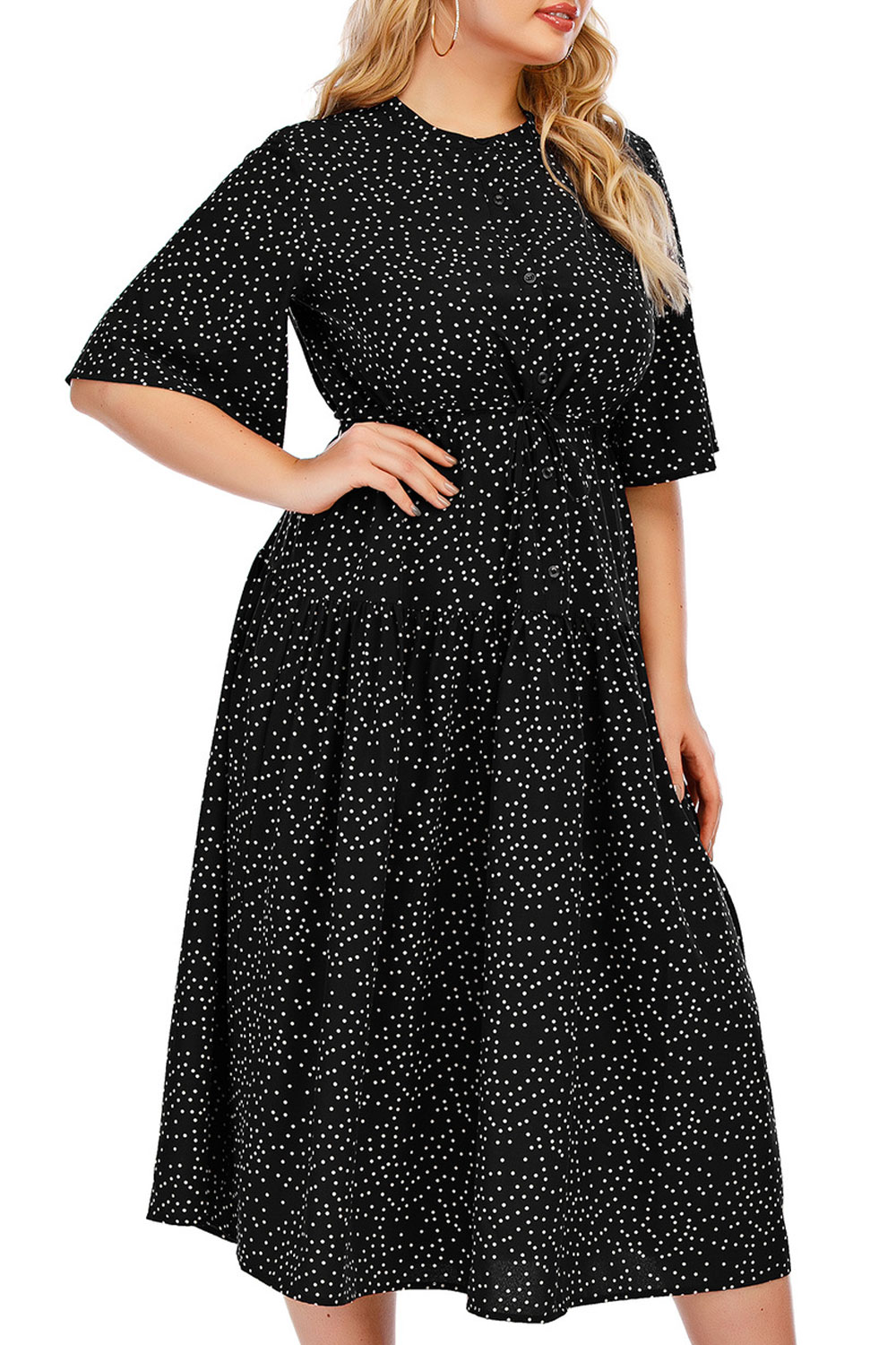 KettyMore Women Plus Lovely Polka Dotted Elbow Sleeve Round Neck Summer Mid Length Cute Dress
